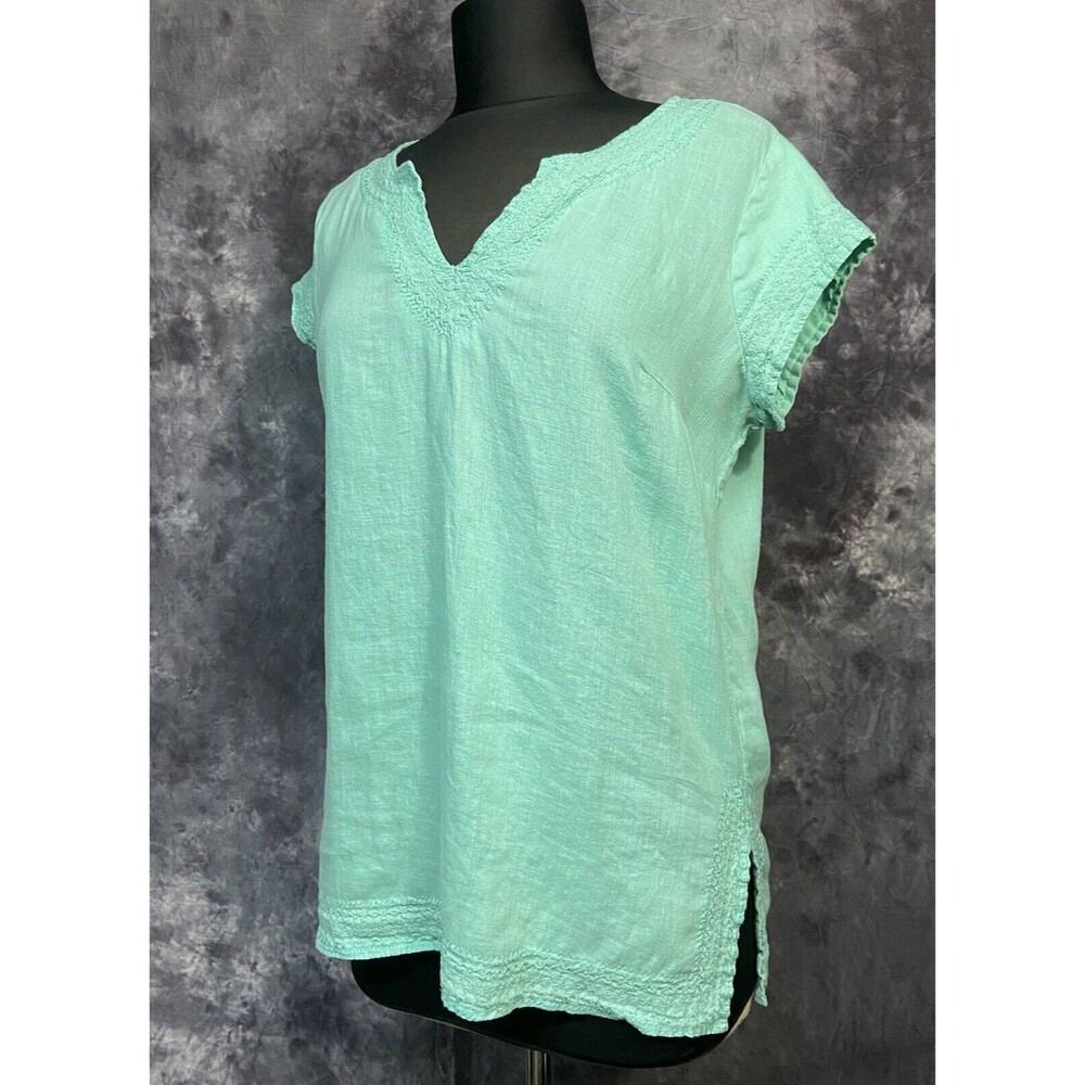 Saint Tropez West Medium Seafoam Green 100% Linen Embroidered Top